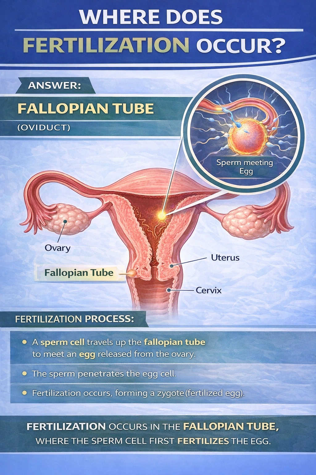 In which location does a sperm cell first fertilize an egg? 