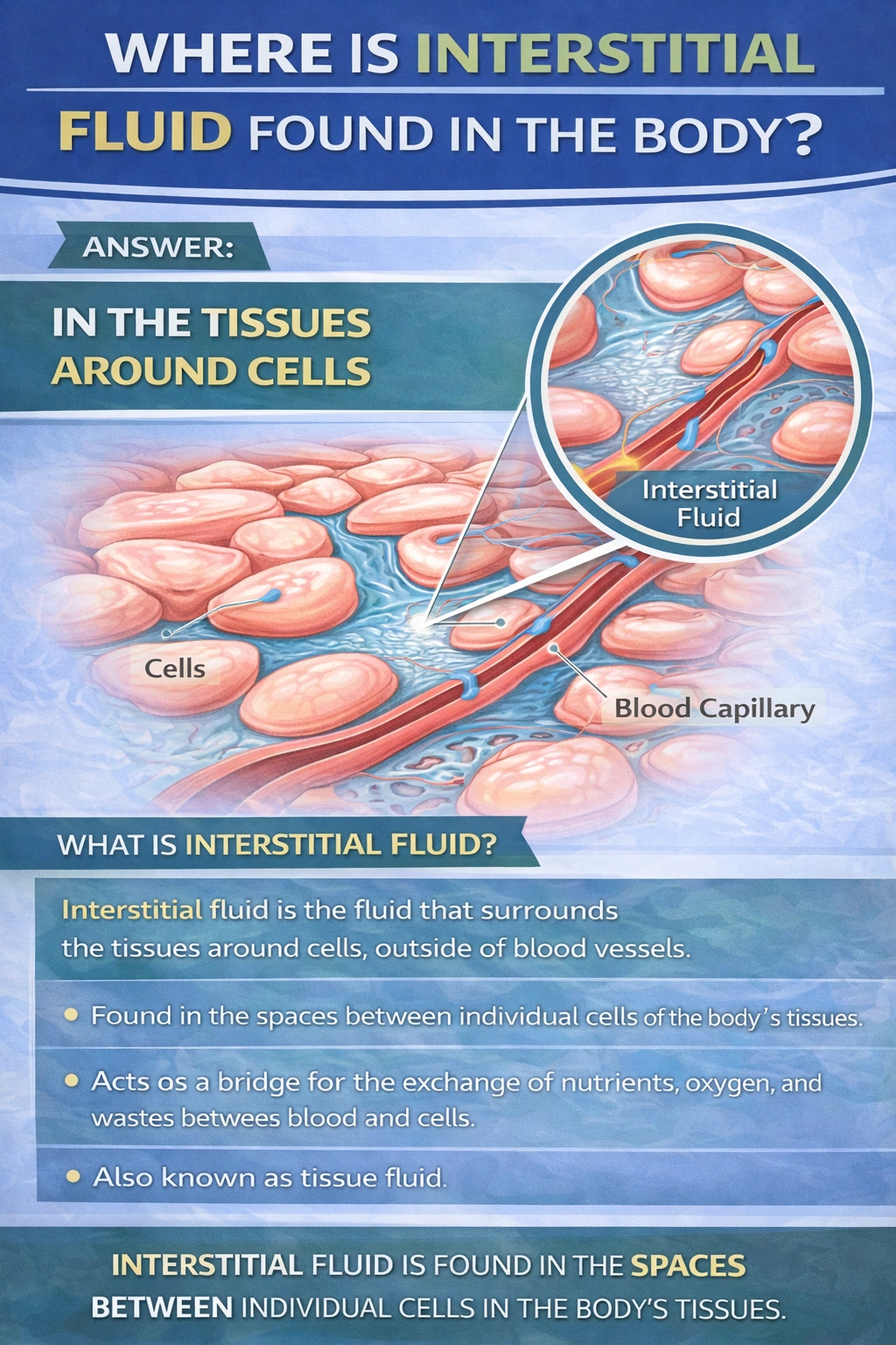 Where is interstitial fluid found in the body? 