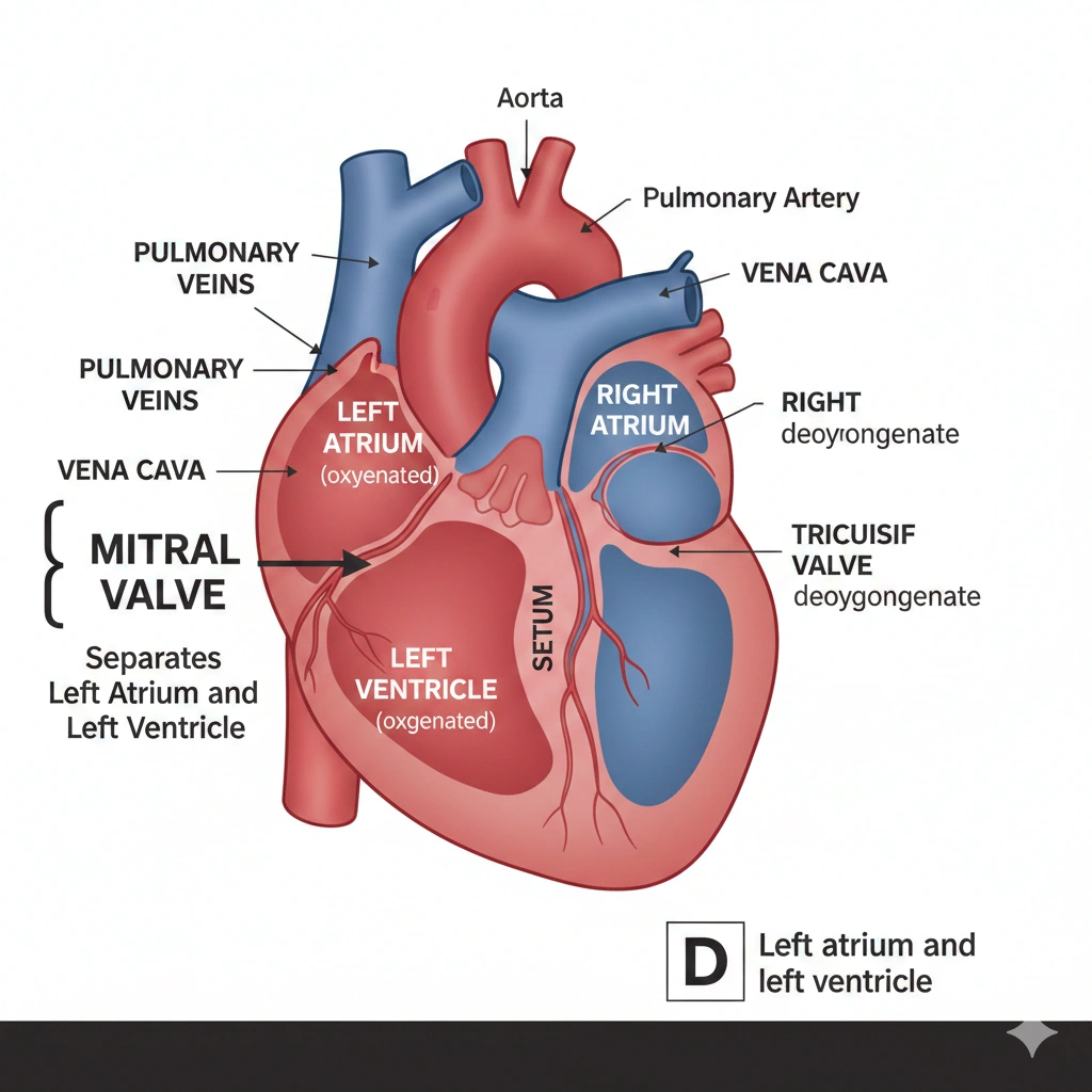 Which parts of the heart are separated by the mitral valve?