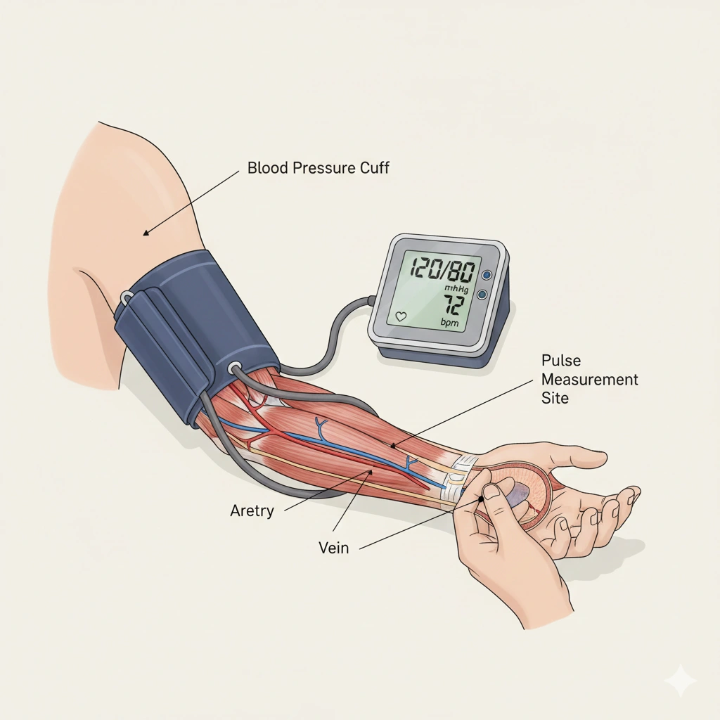 Which of the following are considered normal values for the measure of a person's pulse and blood pressure?
