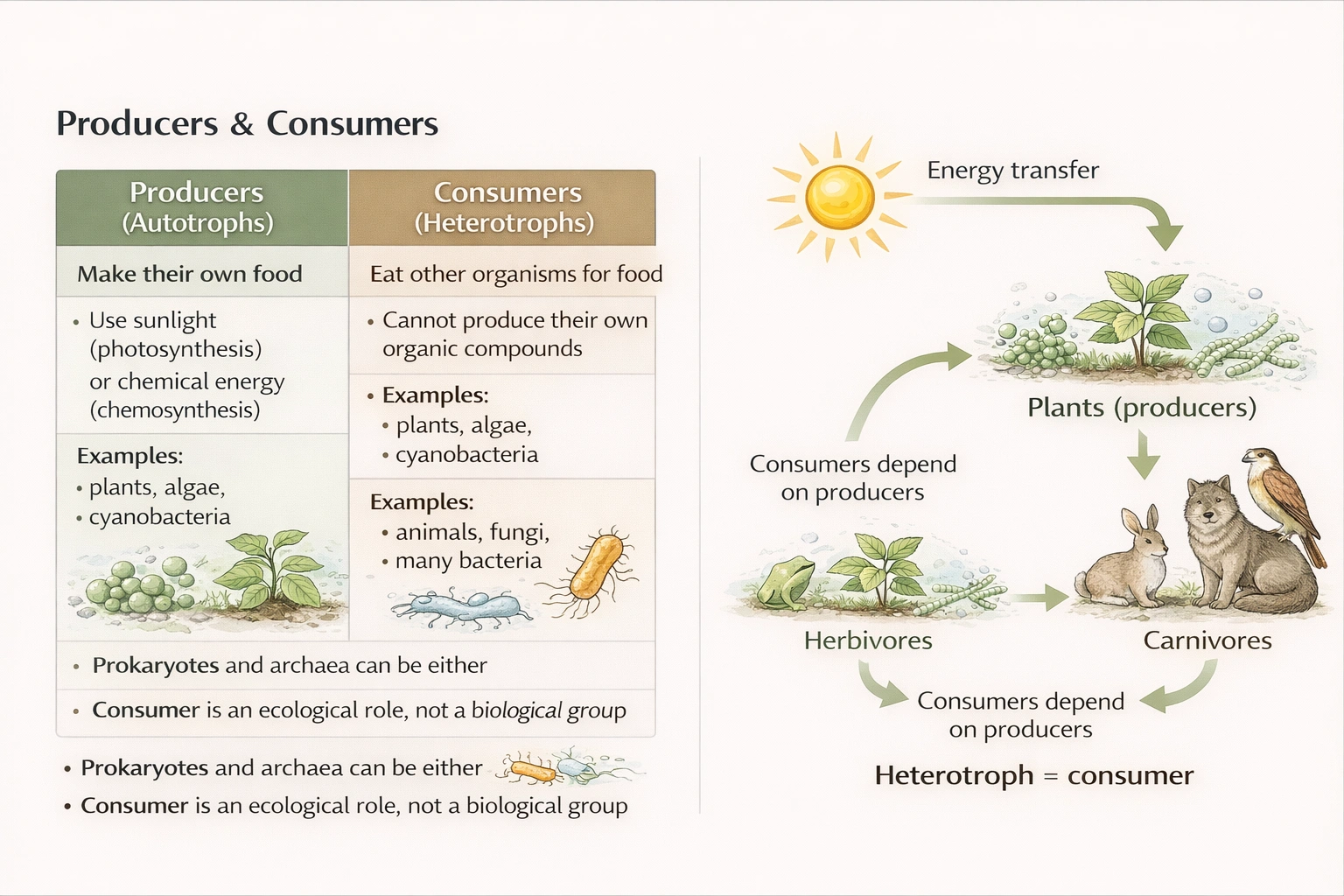 Producers and consumers in an ecosystem