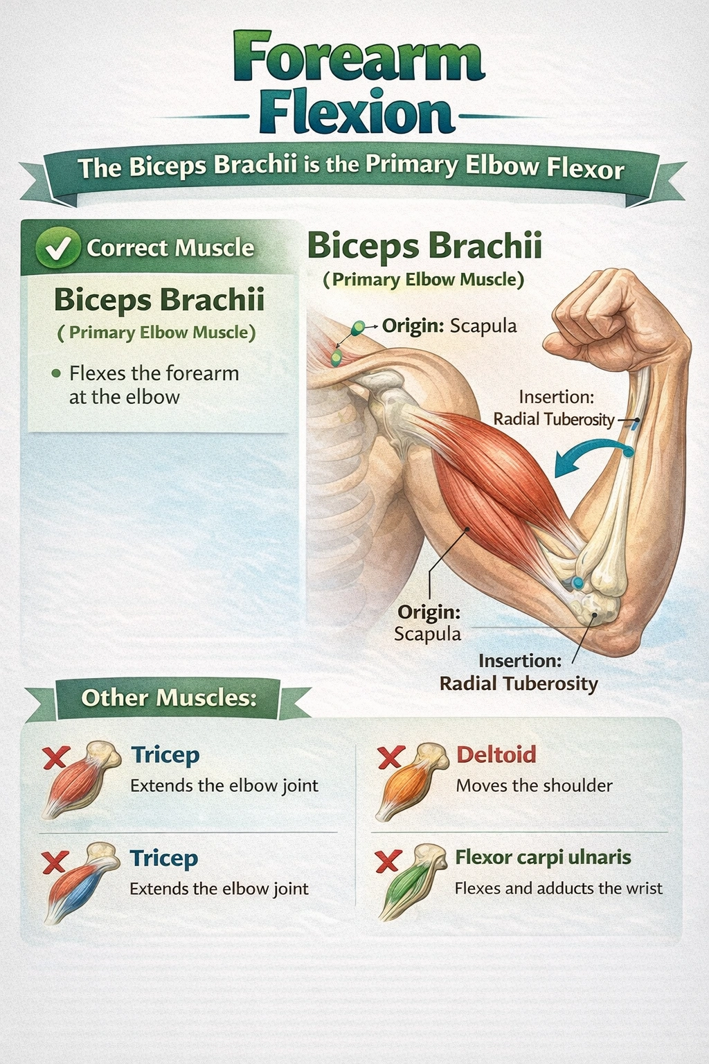 Which muscle flexes the forearm at the elbow