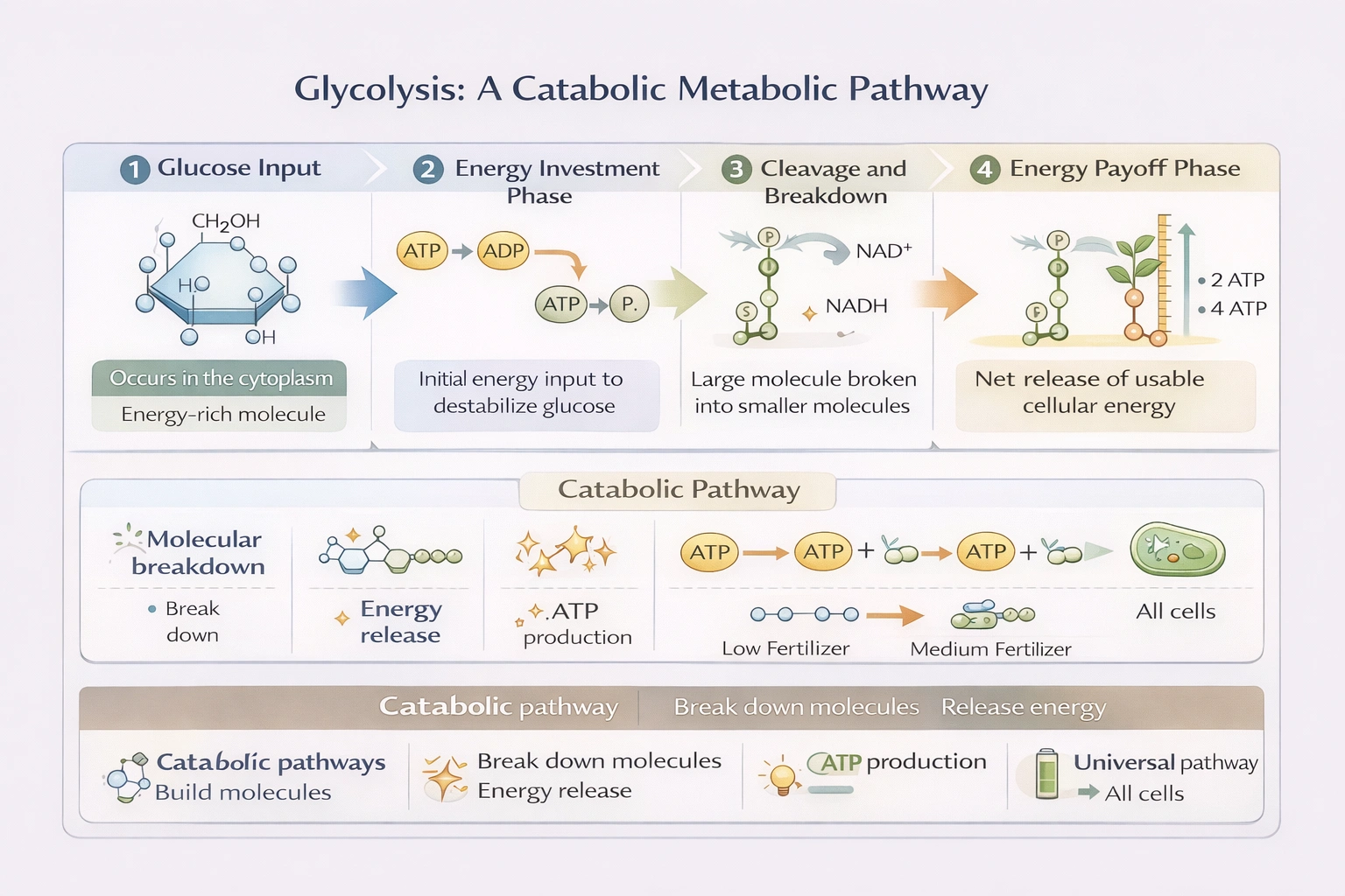 Glycolysis as a catabolic metabolic pathway with emphasis on molecular breakdown and energy release