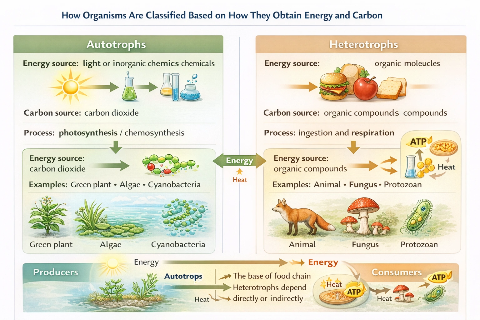 How organisms are classified based on how they obtain energy and carbon
