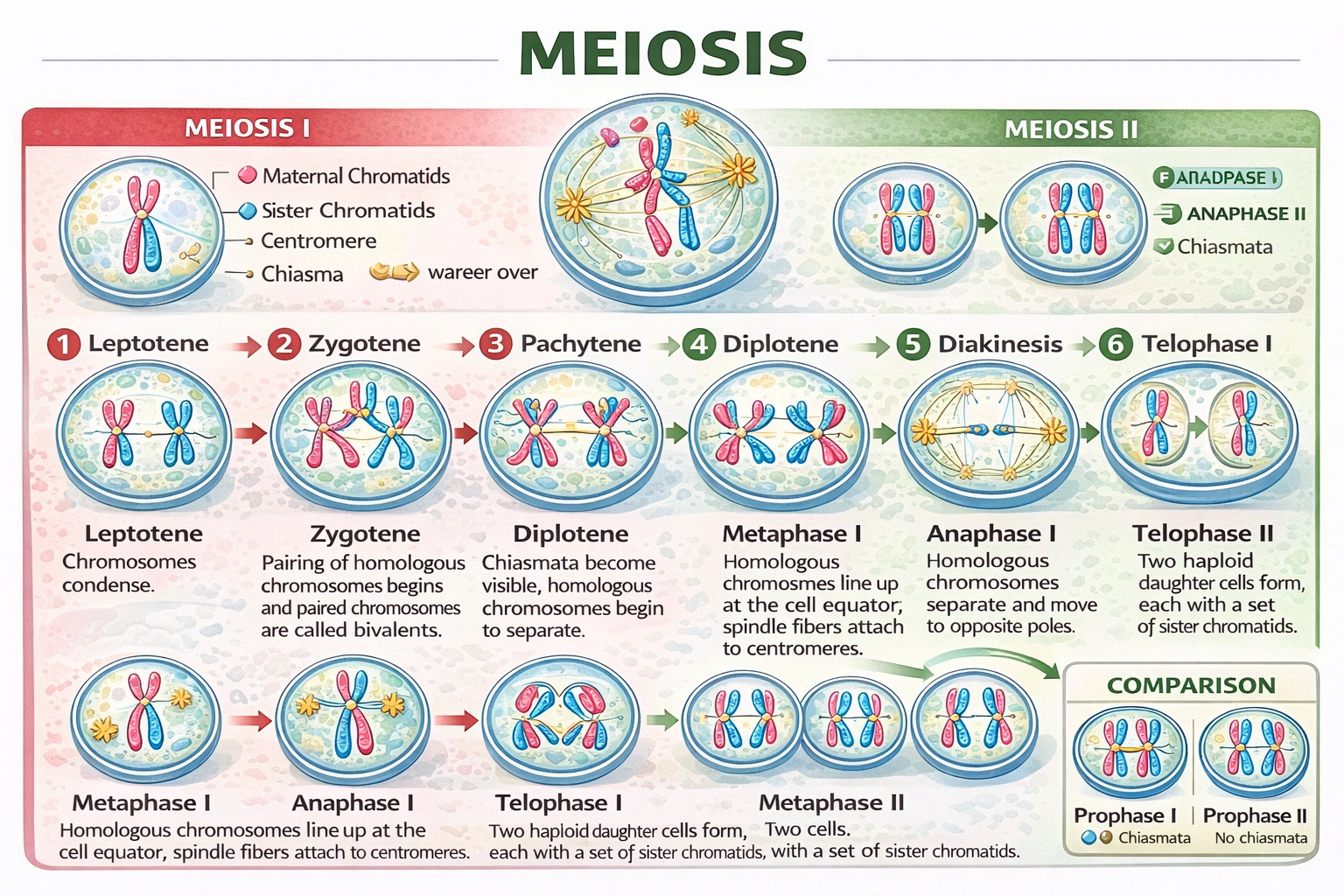 Meiosis process and chiasmata comparison