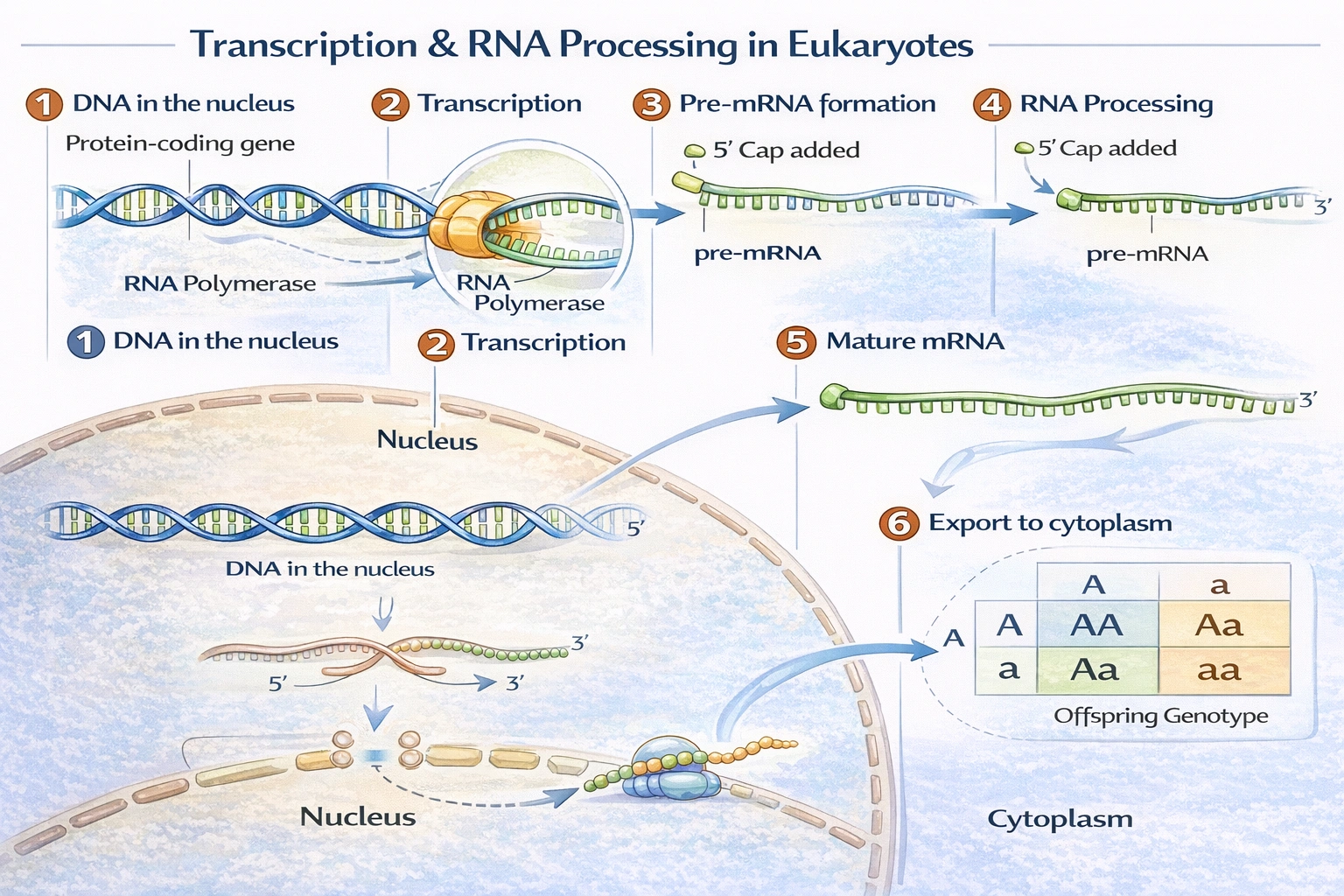 Transcription and RNA processing in eukaryotes.