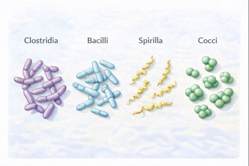 cocci, bacilli, and spirilla shapes