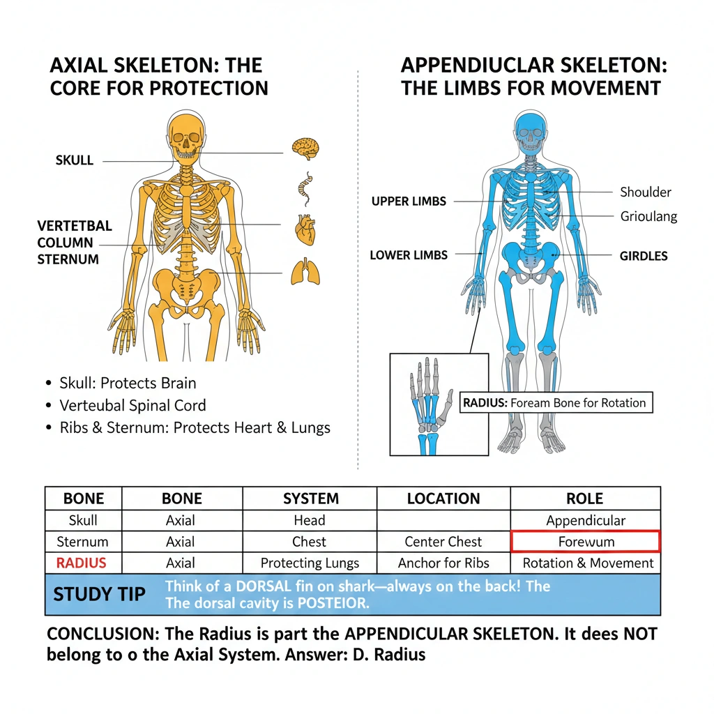 The axial skeletal system contains all of these bones except the radius, which is part of the appendicular skeleton.