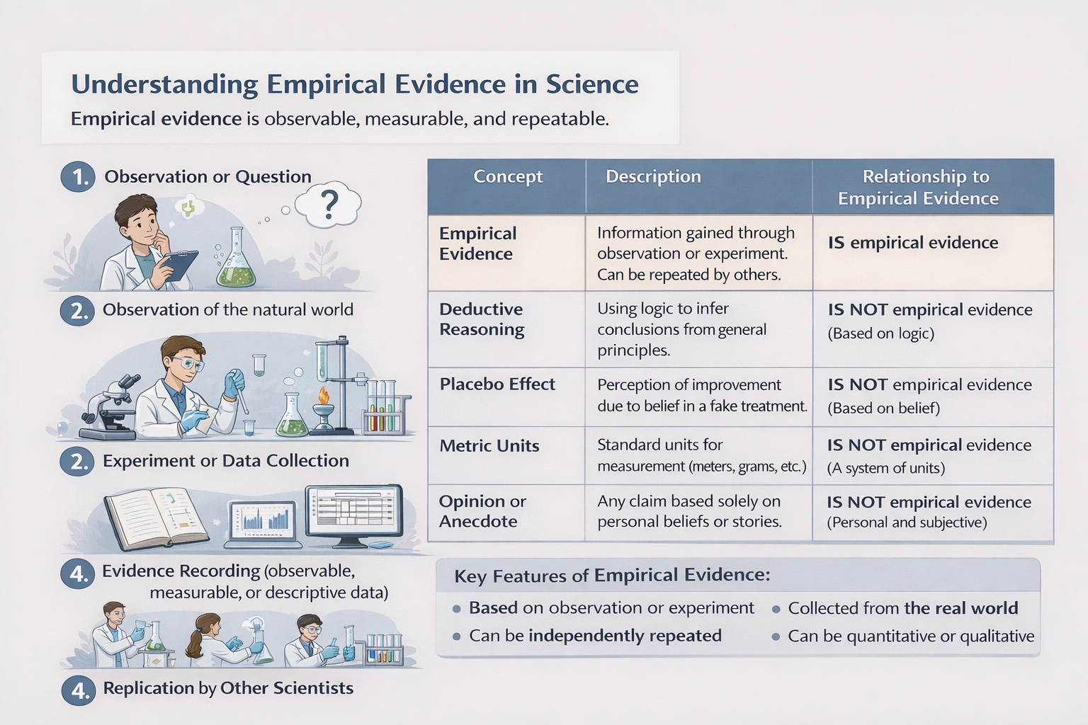 Empirical evidence is repeatable by multiple scientists.