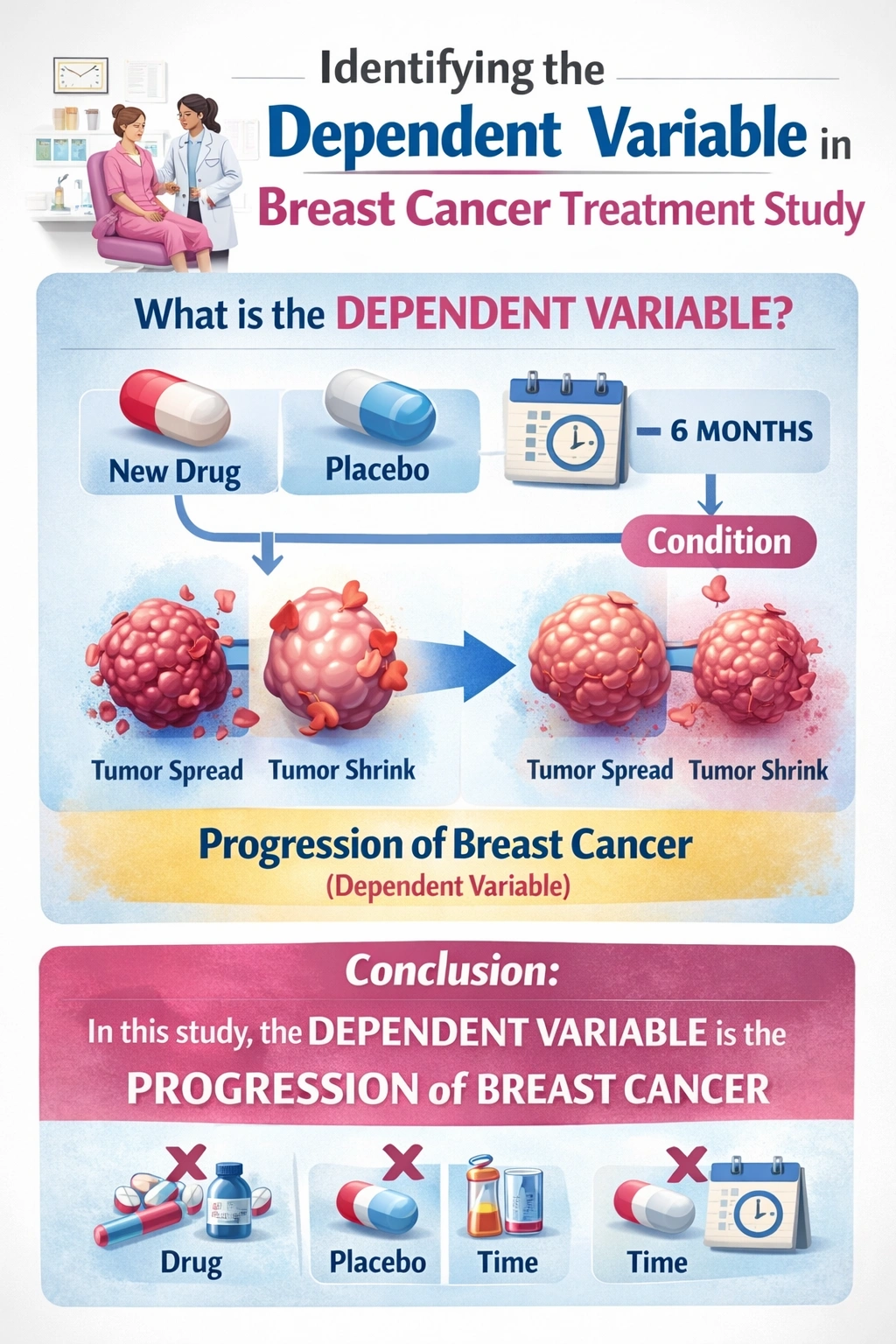 Several participants are enrolled in a study that is evaluating the effectiveness of a new drug targeted at slowing the progression of breast cancer. Some participants are asked to take the new drug and monitored over a six-month period. Others are asked to take a placebo. They are also monitored over six months. What is the dependent variable?