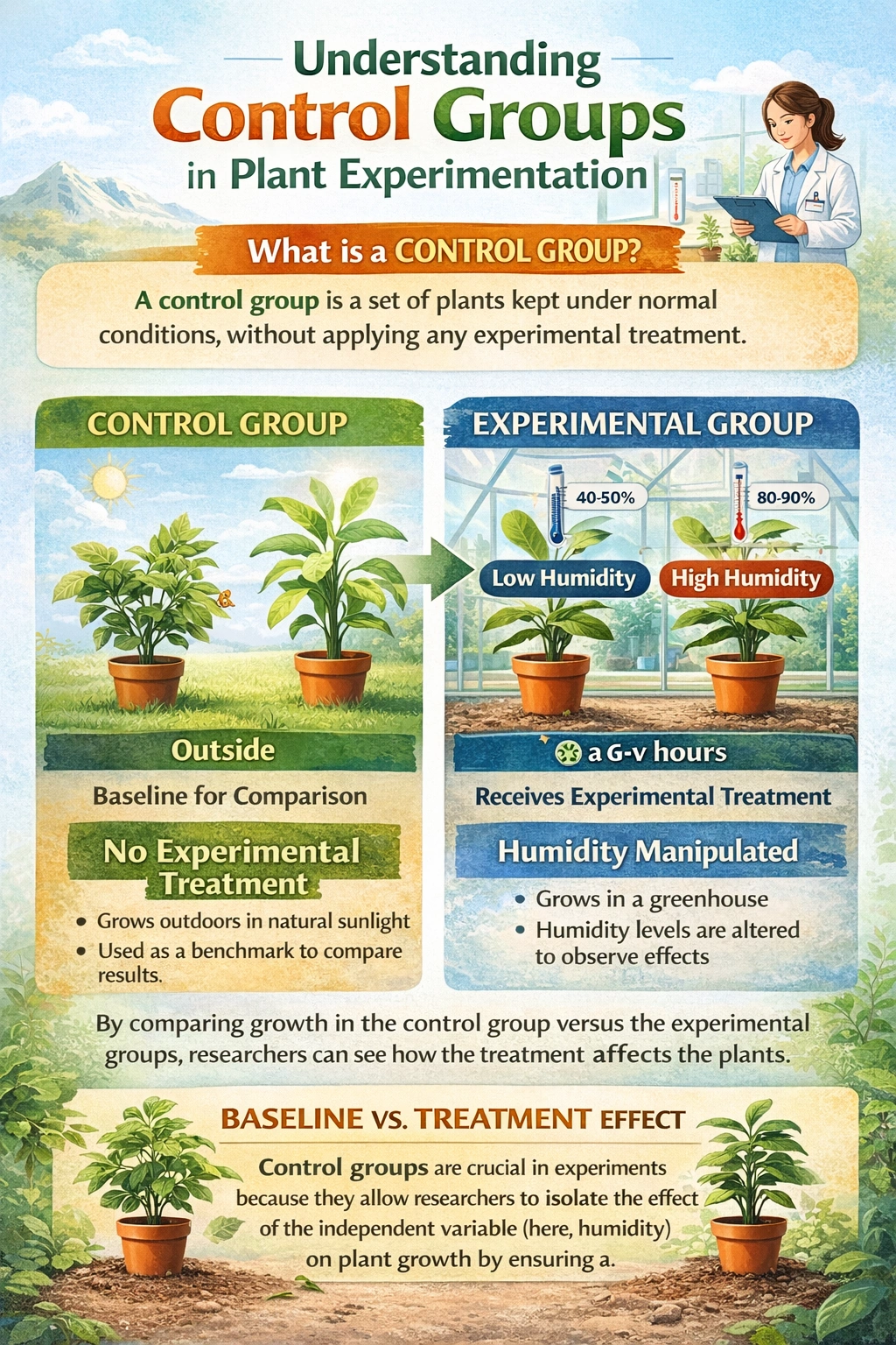 The control of the experiment is the plant left outside in normal conditions.
A control in an experiment is a group or subject that does not receive the experimental treatment. It is maintained under standard or normal conditions to serve as a baseline for comparison. This allows researchers to determine if changes in the experimental group are due to the treatment or to other external factors.
A) Plant height for each tropical plant
Plant height is the data being collected; it is the dependent variable. Measuring height is the act of recording the outcome, not a control group. The control is a specific subject or set of subjects that provide a reference point, not the measurement itself. All plants, both experimental and control, have their height measured, so this option describes the measured outcome, not the baseline condition.
B) The plant left outside in normal conditions
This plant is not exposed to the manipulated independent variable, which is varying humidity levels in the greenhouse. By being kept in "normal" conditions, it represents the standard state against which the growth of the experimental plants can be compared. Any significant difference in growth between the greenhouse plants and this outdoor plant can more reliably be attributed to the differing humidity levels, as other factors (like light, soil) are presumably similar or accounted for. This fulfills the essential role of a control.
C) Humidity level readings in the greenhouse
These readings represent the measurement and manipulation of the independent variable—the different humidity levels being tested. The control is defined by the absence of this deliberate experimental manipulation. Monitoring humidity is part of applying the treatment to the experimental group, not establishing a baseline without the treatment.
D) Amount of time used to study plant height
The three-month period is a constant or fixed variable in the experiment. Holding time constant ensures that all plants are observed for the same duration, preventing time from being a confounding variable. While crucial for a fair test, a controlled variable is not synonymous with the control group. The control group is a specific subject, whereas time is a parameter of the experimental design applied to all subjects.
Conclusion:
The control group provides a benchmark by experiencing all conditions except the one being tested. The plant outside experiences normal humidity, unlike the plants inside the greenhouse with varied humidity. Plant height is the measured outcome, humidity readings quantify the independent variable, and time is a controlled constant. Therefore, the plant left outside in normal conditions is the correct control.