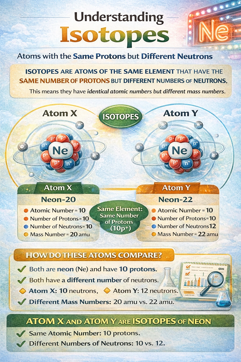 Atom X has an atomic number of 10 and a mass of 20 amu. Atom Y has 10 protons and 12 neutrons. Which of the following describes the relationship between these atoms?