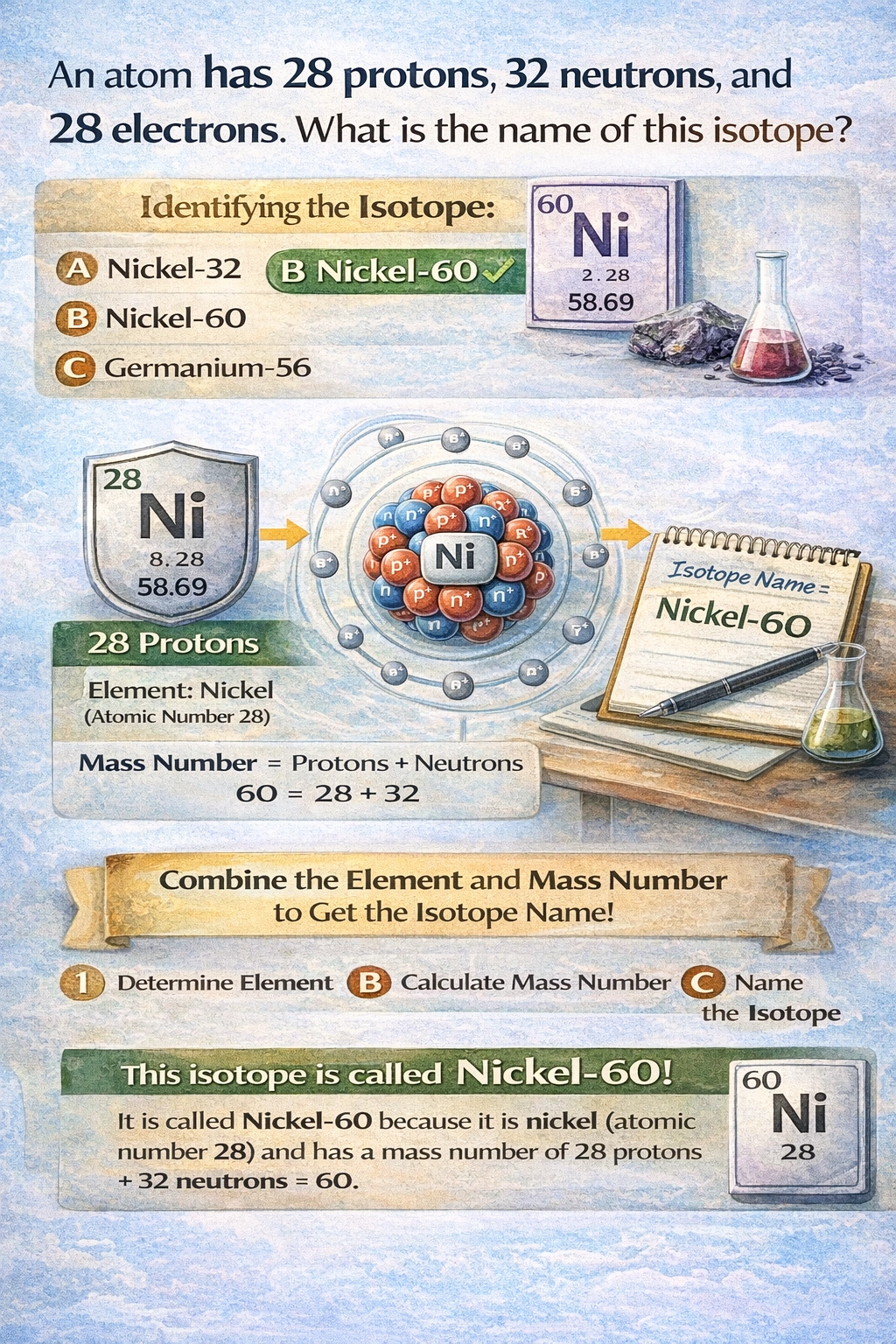 An atom has 28 protons, 32 neutrons, and 28 electrons. What is the name of this isotope?