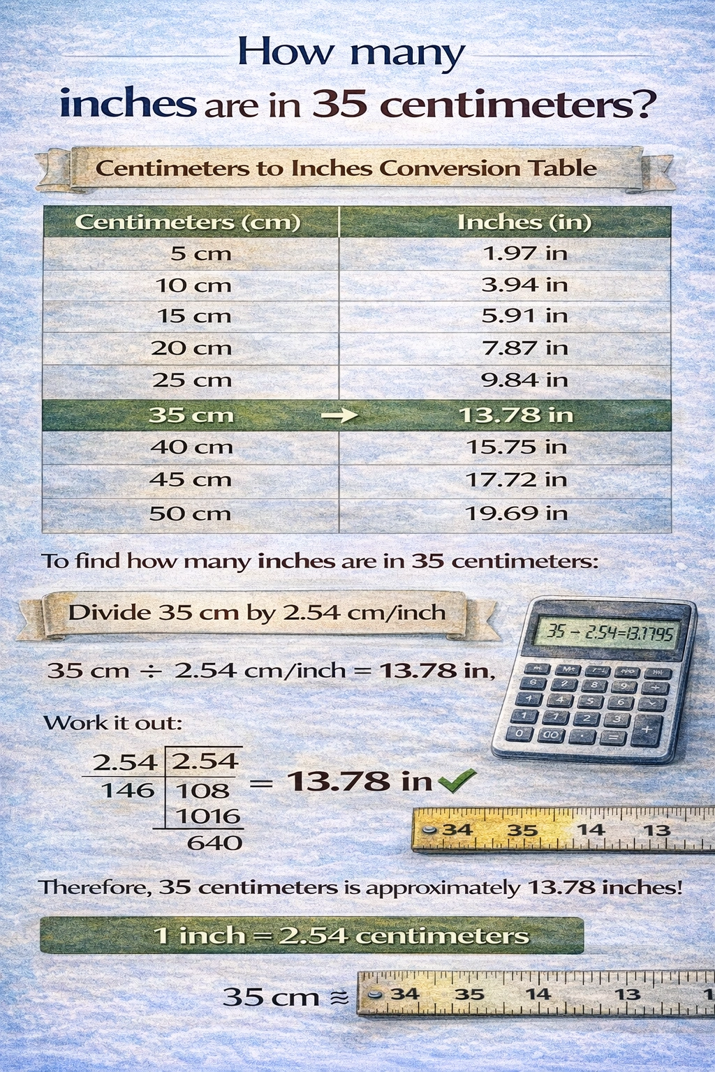 There are approximately 13.77 inches in 35 centimeters.
Converting between metric and U.S. customary units requires knowing the exact conversion factor. The internationally accepted relationship is that 1 inch is defined as exactly 2.54 centimeters.
A) 0.035
This answer mistakenly divides 35 by 1000, which is the conversion from millimeters to meters (1 m = 1000 mm). It represents a severe misunderstanding of the scale, implying that a centimeter is vastly larger than an inch. In reality, an inch is about 2.54 times larger than a centimeter.
B) 13.77
The precise conversion from centimeters to inches is performed by dividing the number of centimeters by 2.54 cm/inch. 35 cm ÷ 2.54 cm/inch ≈ 13.7795 inches. Rounding this to two decimal places gives 13.78 or 13.77, depending on rounding convention. This is the correct mathematical operation and result.
C) 31.85
This value does not correspond to the correct mathematical operation using the 2.54 factor. It could result from incorrectly using a factor like 1.1 or from a calculation error. For example, 35 cm * 0.91 ≈ 31.85, but 0.91 is not the inverse of 2.54.
D) 88.90
This is the result of multiplying 35 by 2.54. This operation converts 35 inches to centimeters (35 in * 2.54 cm/in = 88.9 cm). The question asks for the inverse conversion—centimeters to inches—which requires division, not multiplication.
Conclusion:
To convert a length from centimeters to inches, one must divide the centimeter value by the conversion factor of 2.54 centimeters per inch. Performing 35 ÷ 2.54 yields approximately 13.78, making 13.77 the closest correct answer among the choices.