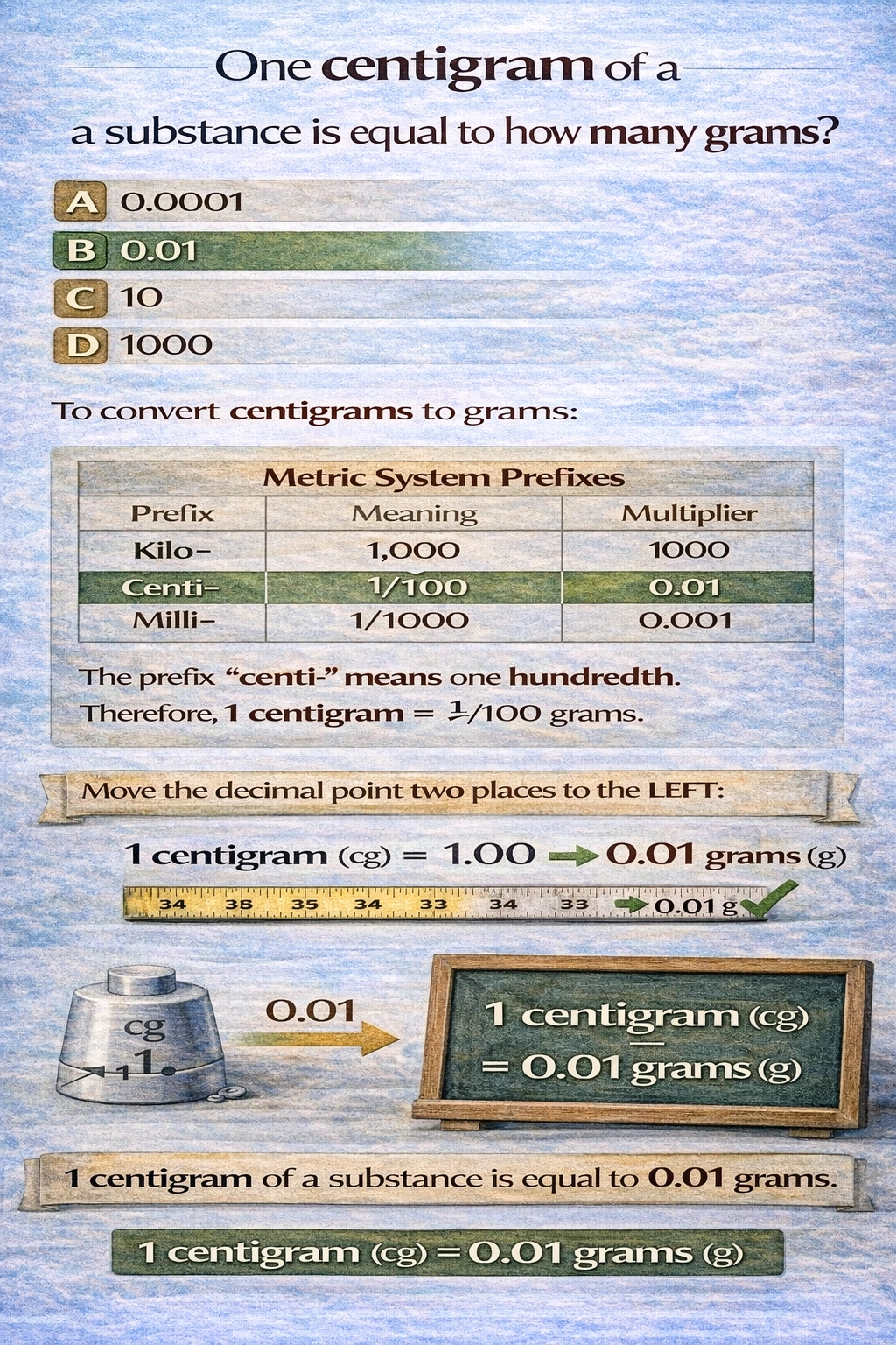 One centigram of a substance is equal to how many grams?