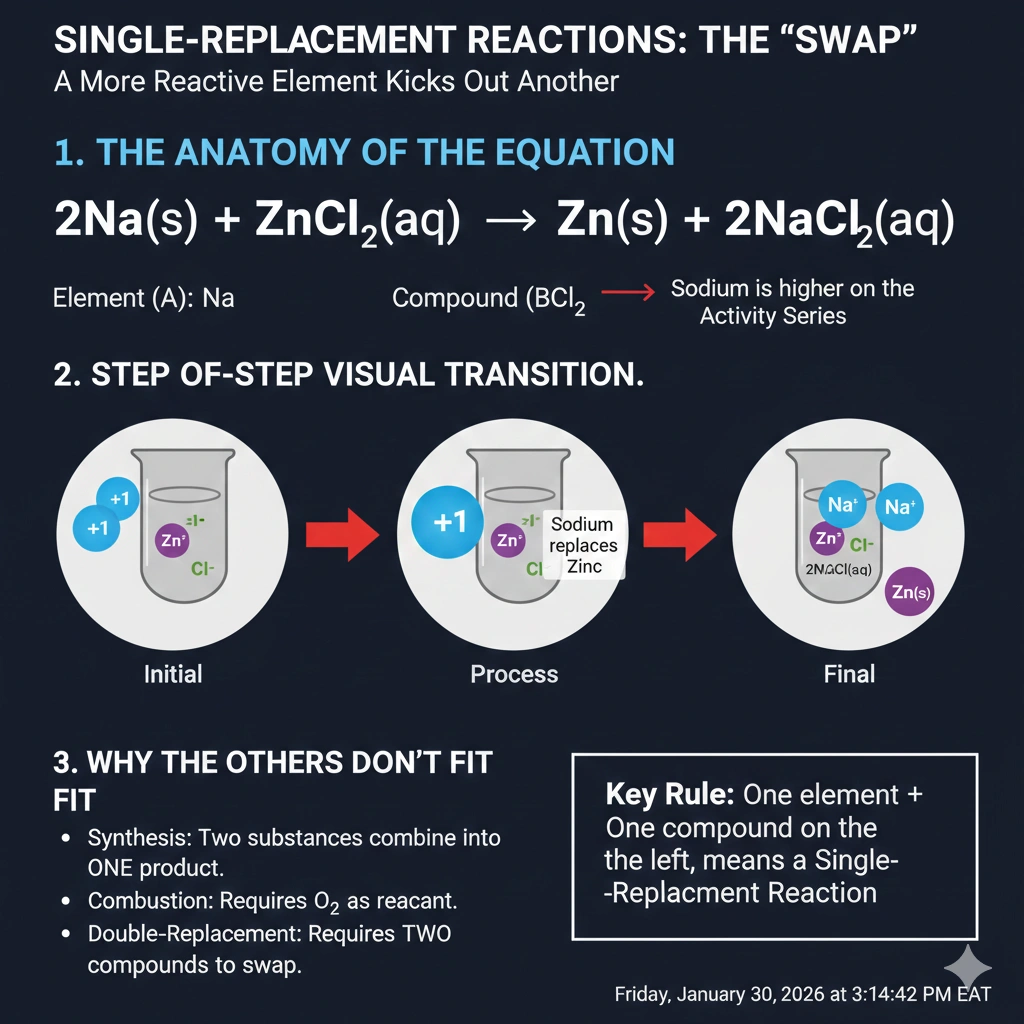 What type of reaction is described by the following equation?
2Na(s) + ZnCl₂(aq) → Zn(s) + 2NaCl(aq)