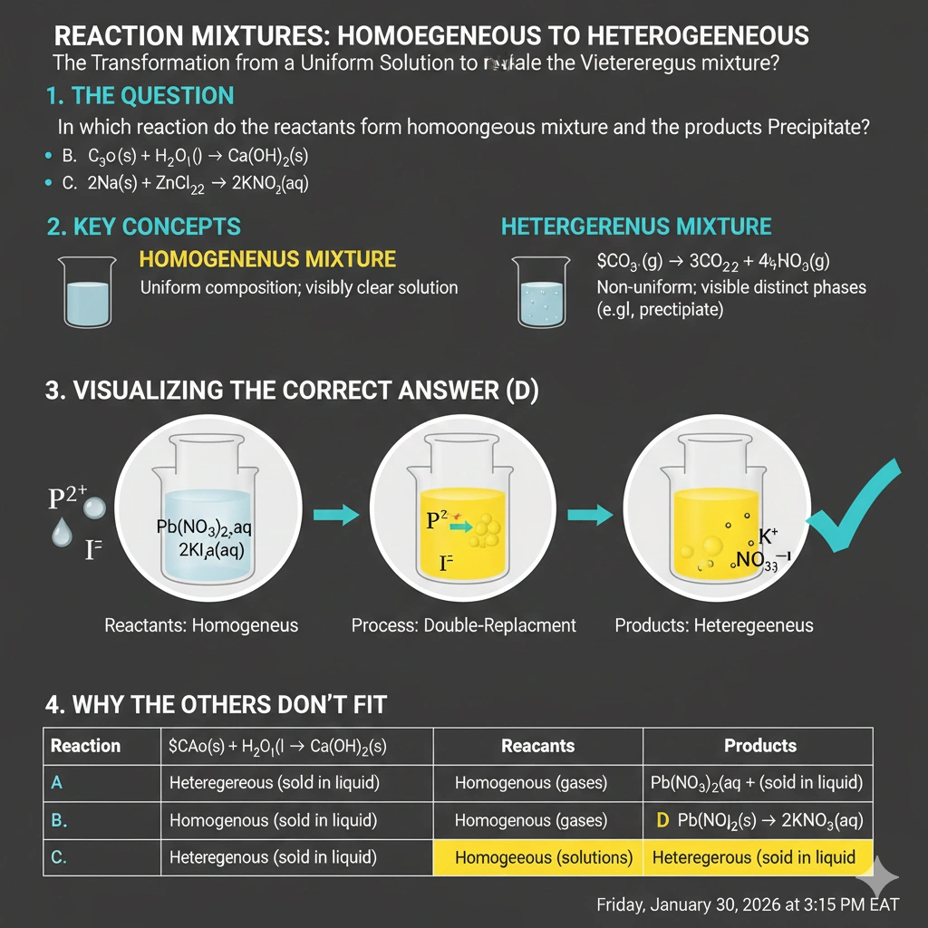 In which reaction do the reactants form a homogeneous mixture and the products form a heterogeneous mixture?