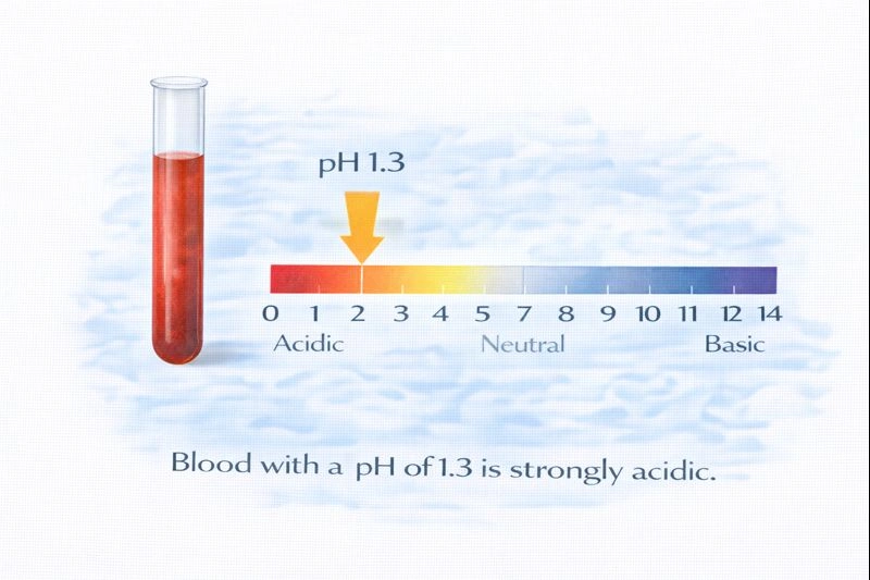 Blood with a pH of 1.3 indicates what about the blood sample?