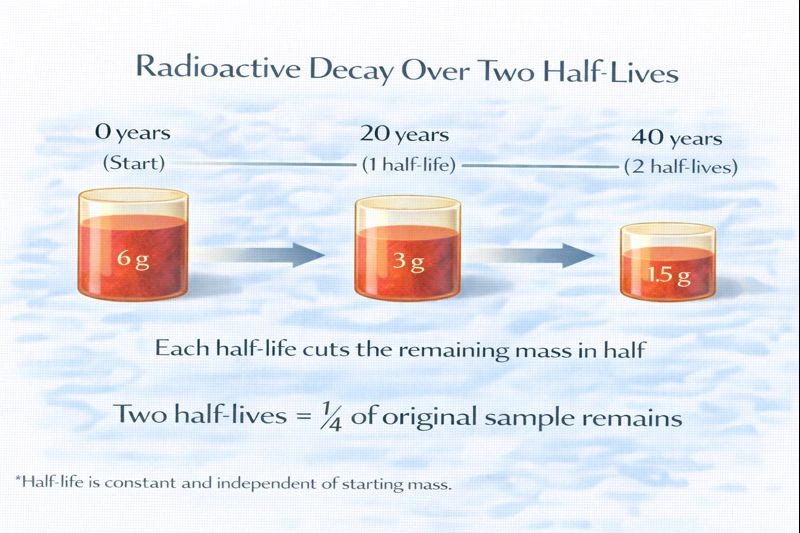 A radioactive isotope has a half-life of 20 years. How many grams of a 6 gram sample will remain after 40 years?