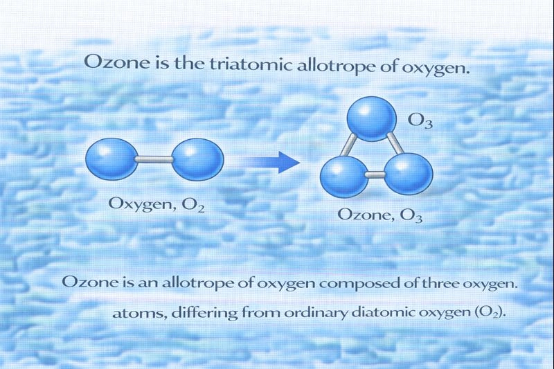 The triatomic allotrope of oxygen is ozone.
Allotropes are different structural forms of the same element that exist in the same physical state. In the case of oxygen, allotropes are made up entirely of oxygen atoms but differ in how those atoms are bonded together. The most common form of oxygen in the atmosphere is diatomic oxygen (O₂), but oxygen can also exist in a triatomic form, where three oxygen atoms are bonded together. This triatomic form is known as ozone (O₃).
A. Ozone
   Ozone is a molecule composed of three oxygen atoms (O₃), making it triatomic. Because it consists solely of oxygen atoms arranged in a different molecular structure than O₂, it qualifies as an allotrope of oxygen. Ozone has distinct chemical and physical properties compared to diatomic oxygen, such as a sharp odor and a strong oxidizing ability, which arise from its unique triatomic structure.
B. Water
 Water (H₂O) is a compound made of hydrogen and oxygen atoms chemically bonded together. Although it contains oxygen, it is not composed exclusively of oxygen atoms. Allotropes must consist of only one element, so water cannot be considered an allotrope of oxygen.
C. Acidic oxide
 “Acidic oxide” is not a specific substance but a general classification of oxides—usually nonmetal oxides—that react with water to form acids (such as      sulphur dioxide or carbon dioxide). This term refers to a category of compounds, not a distinct molecular form of elemental oxygen, and therefore cannot be an allotrope.
D. Carbon dioxide
 Carbon dioxide (CO₂) is a compound made of carbon and oxygen atoms. Because it contains more than one element, it does not meet the definition of an allotrope. Allotropes must be different structural forms of the same element only.
Conclusion
A triatomic allotrope of oxygen must consist of three oxygen atoms bonded together and contain no other elements. Ozone (O₃) meets this definition and represents a distinct molecular form of elemental oxygen, different from the more common diatomic oxygen (O₂).