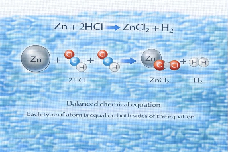 The balanced equation is Zn + 2HCl → ZnCl₂ + H₂.