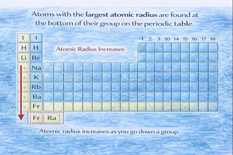 On the periodic table, where are atoms with the largest atomic radius located?