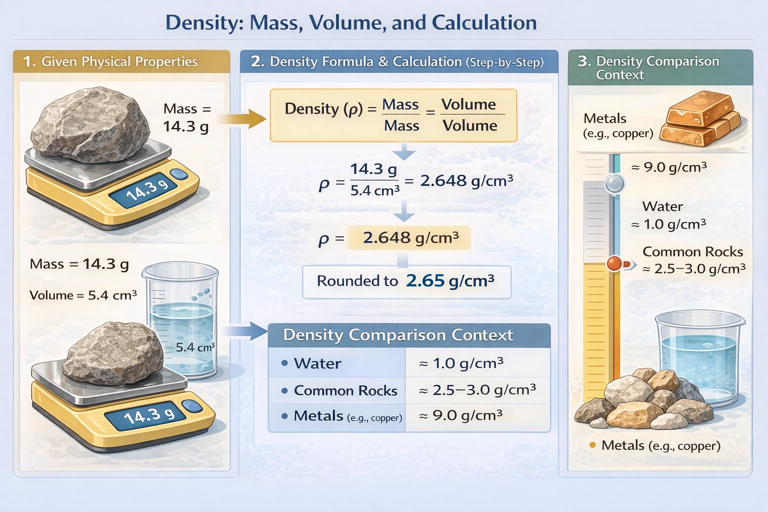 A rock has a mass of 14.3 grams (g) and a volume of 5.4 cm³, what is its density?
