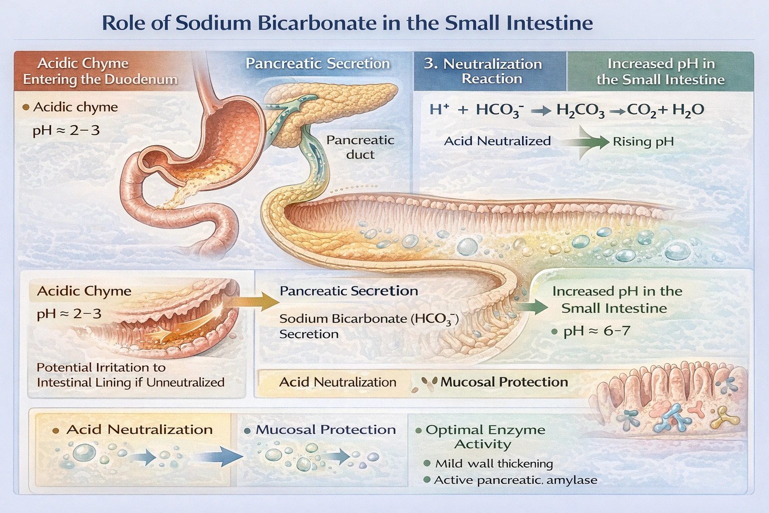 What is the purpose of sodium bicarbonate when released into the lumen of the small intestine?