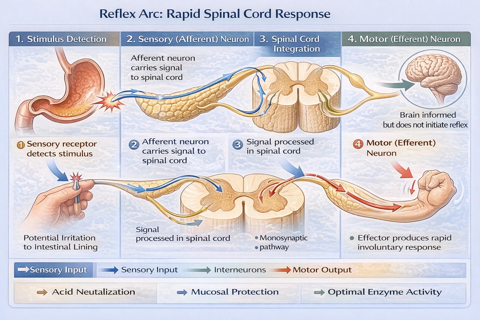 Which of the following describes a reflex arc?