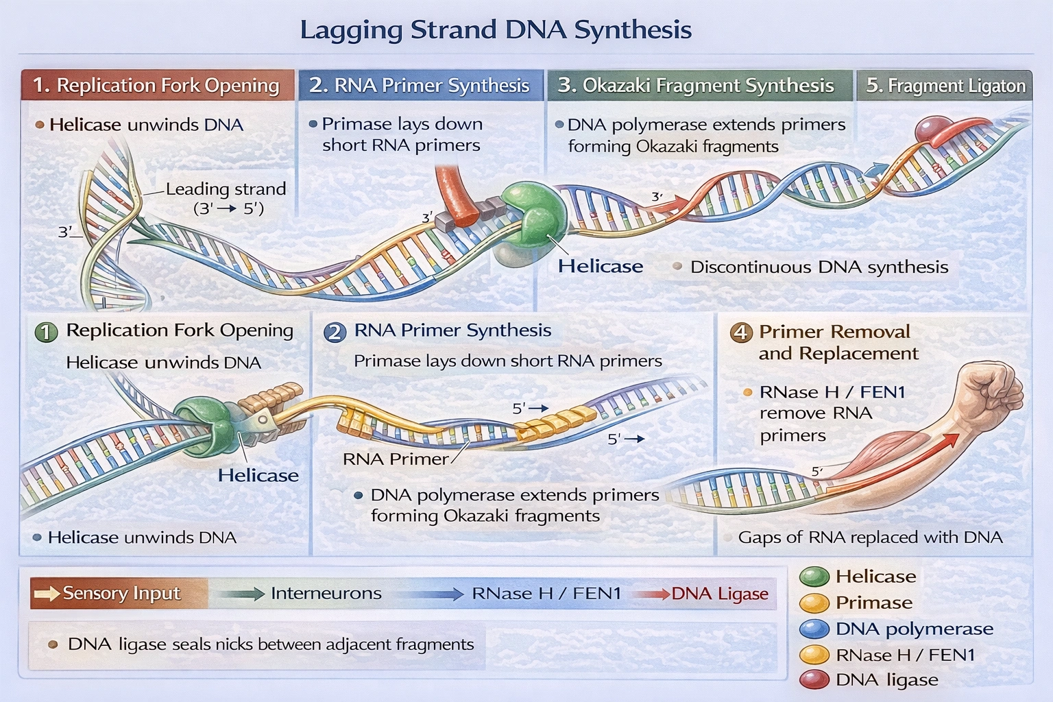 Describe the synthesis of the lagging strand of DNA.