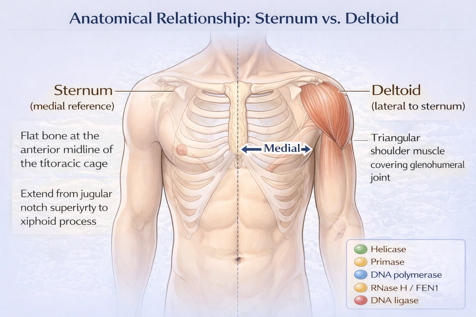 Using anatomical terms, what is the relationship of the sternum relative to the deltoid?