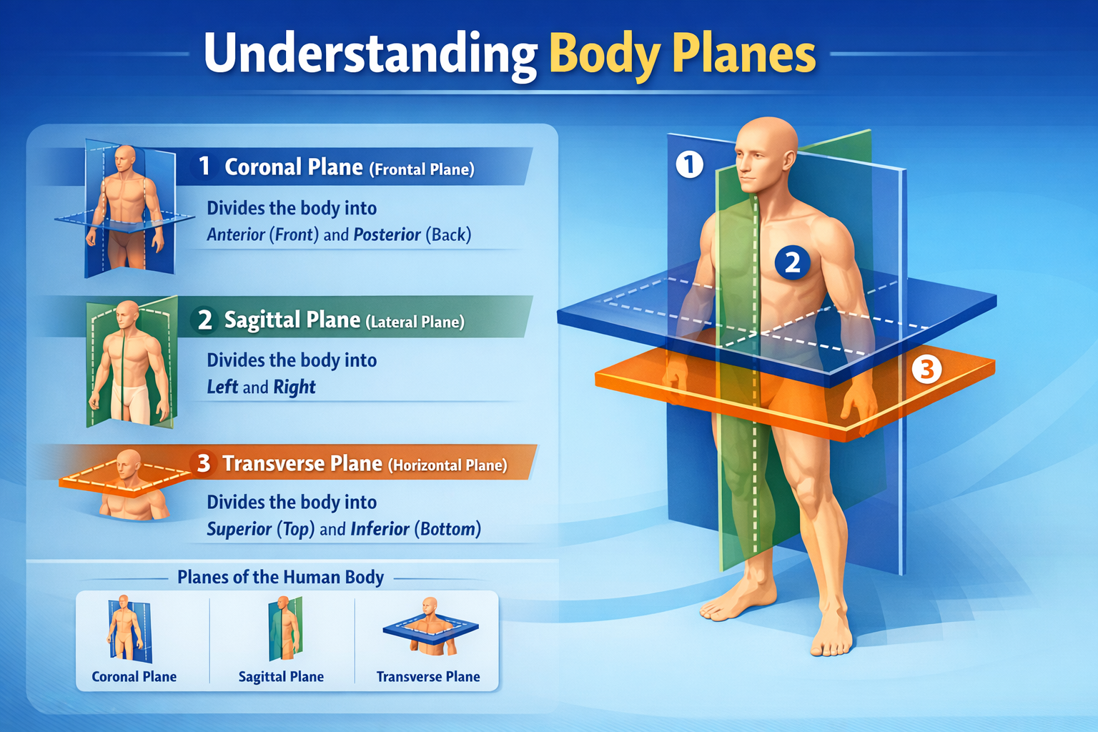 Identify the correct sequence of the 3 primary body planes as numbered 1, 2, and 3 in the above image.