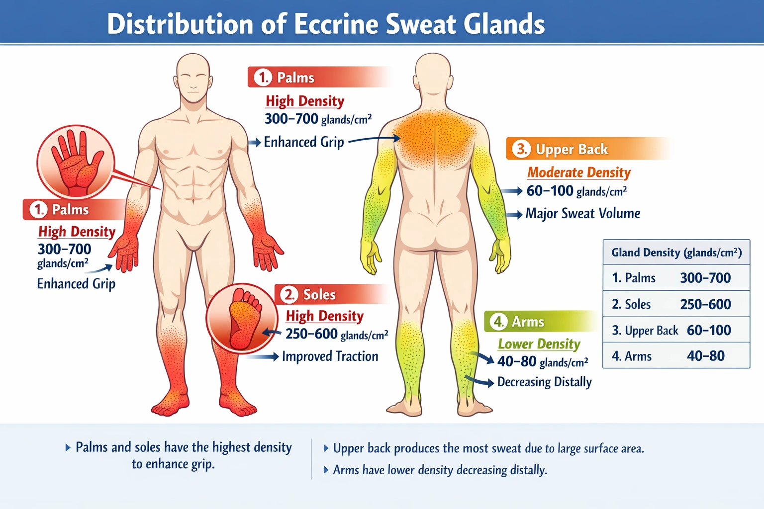 Which of the following areas of the body has the most sweat glands?