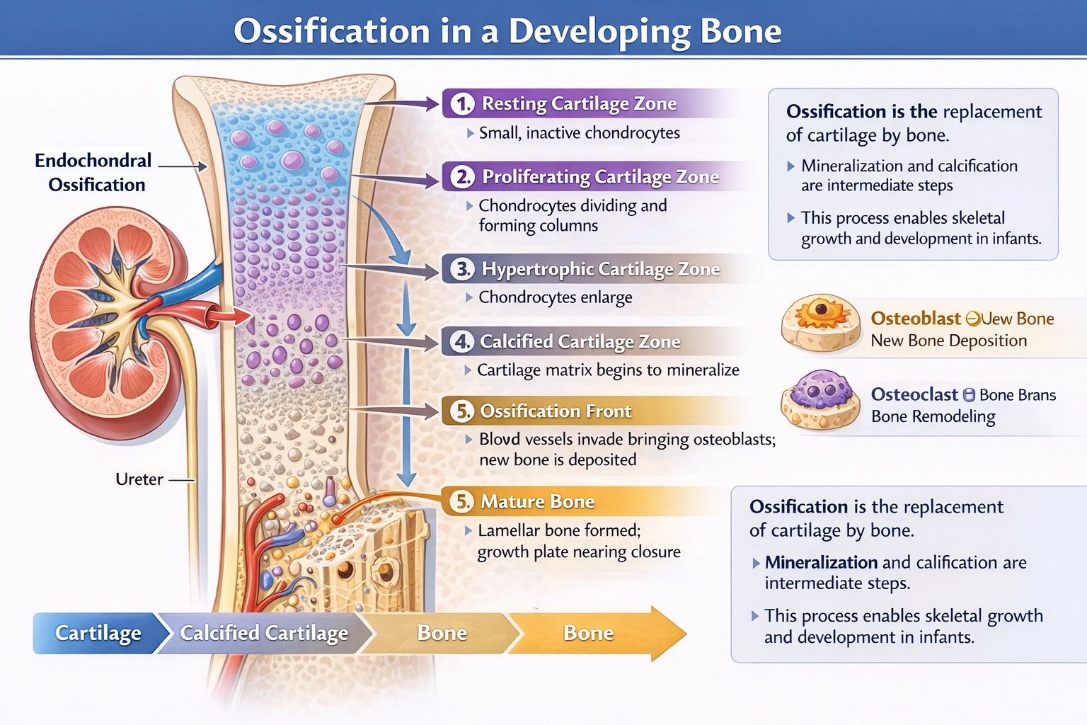 A pediatrician notes that an infant's cartilage is disappearing and being replaced by bone. What process has the doctor observed?