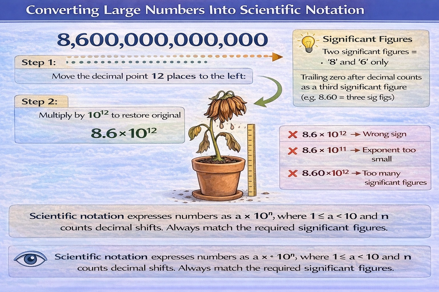 Which of the following correctly displays 8,600,000,000,000 in scientific notation (to two significant figures)?