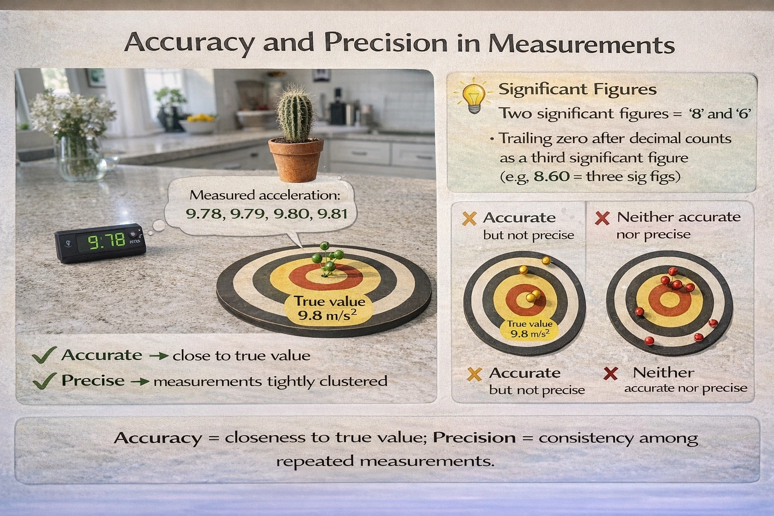 The acceleration of a falling object due to gravity has been proven to be 9.8 m/s². A scientist drops a cactus four times and measures the acceleration with an accelerometer and gets the following results: 9.79 m/s², 9.81 m/s², 9.80 m/s², and 9.78 m/s². Which of the following accurately describes the measurements?