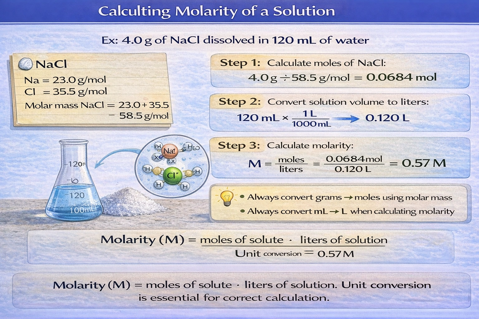 What is the molarity of a solution made by dissolving 4.0 grams of NaCl into enough water to make 120 mL of solution? The atomic mass of Na is 23.0 g/mol and Cl is 35.5 g/mol.