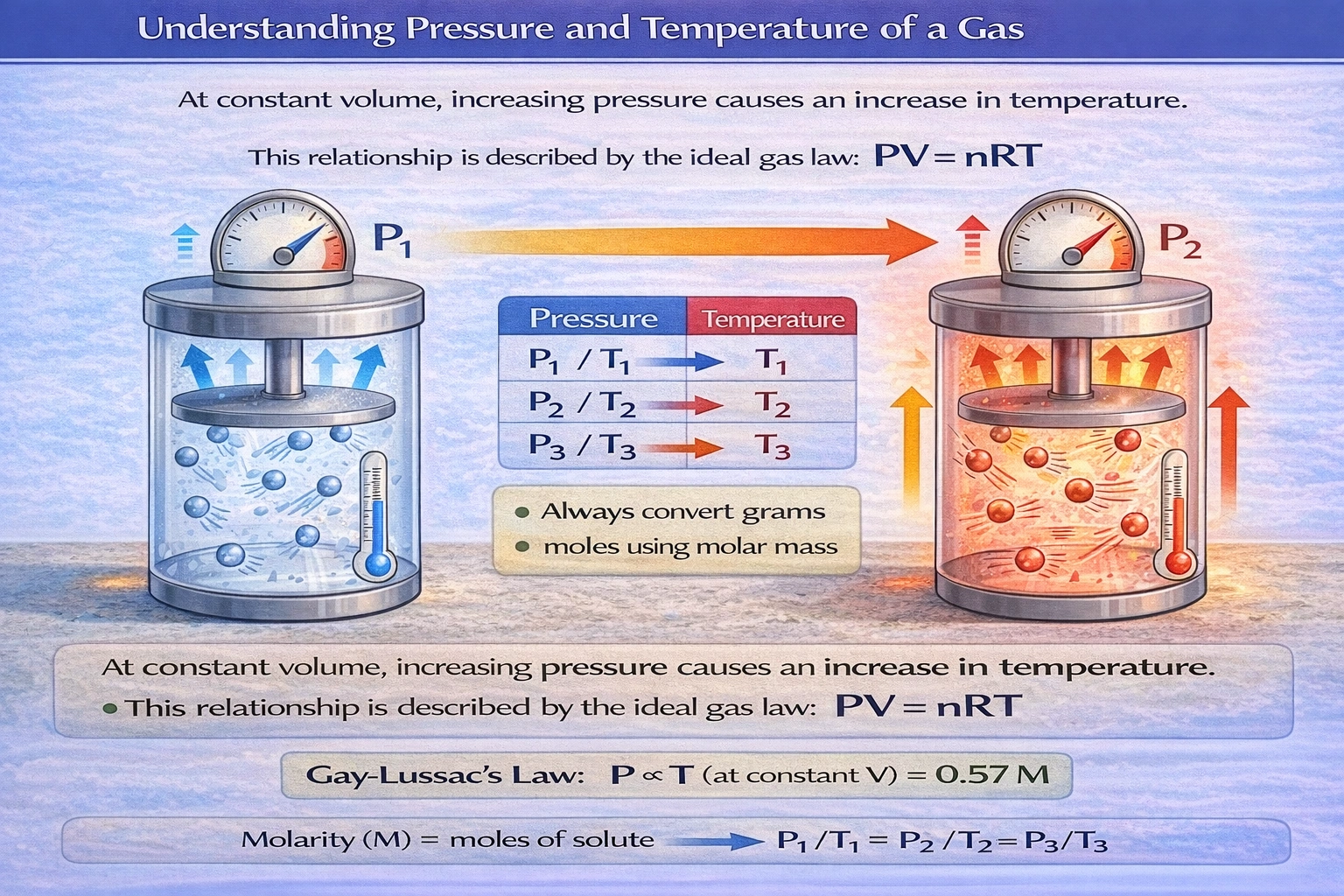 Considering a gas in a closed system, at a constant volume, what will happen to the temperature if the pressure is increased?