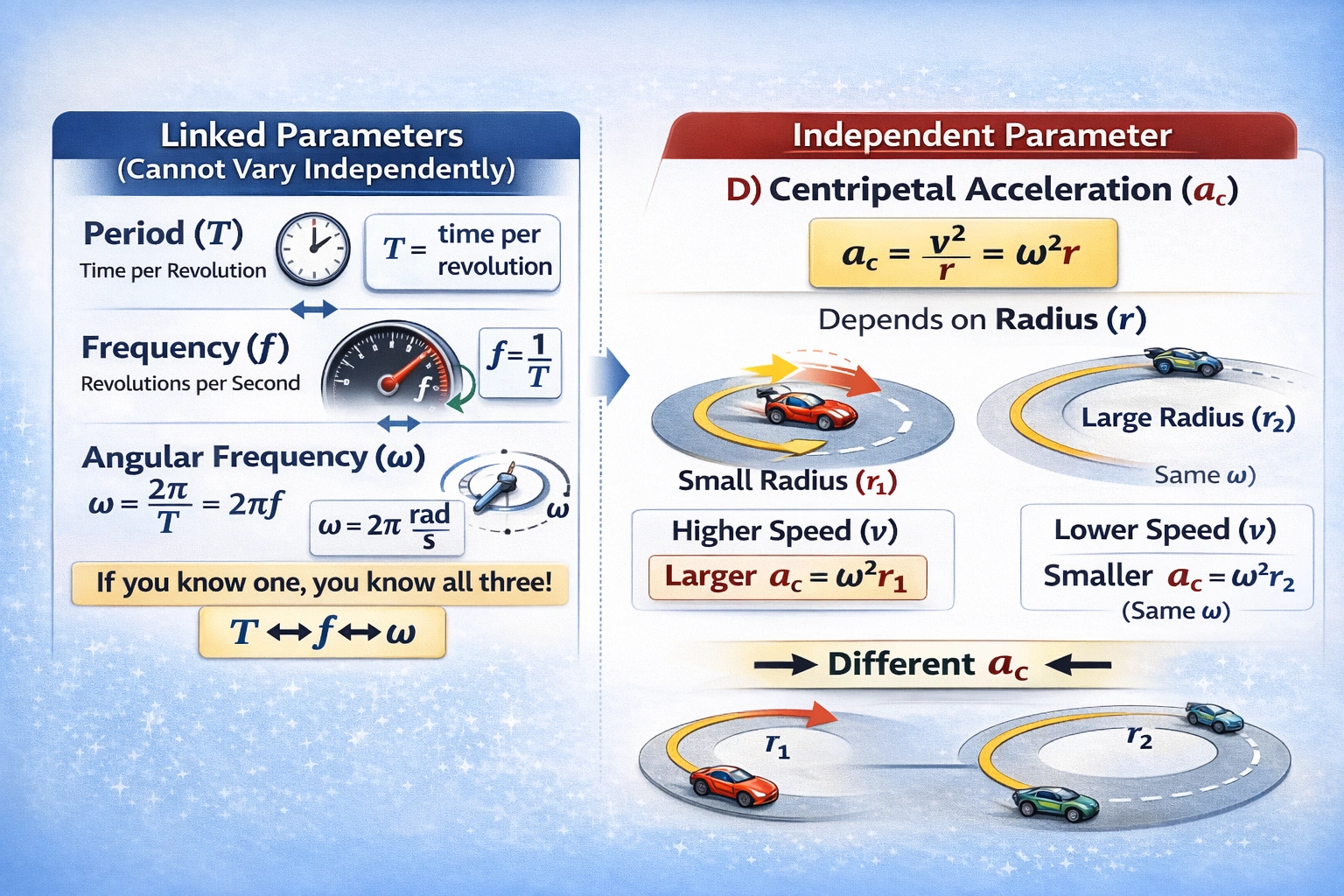 Which parameter of uniform circular motion can vary independently of the other three?