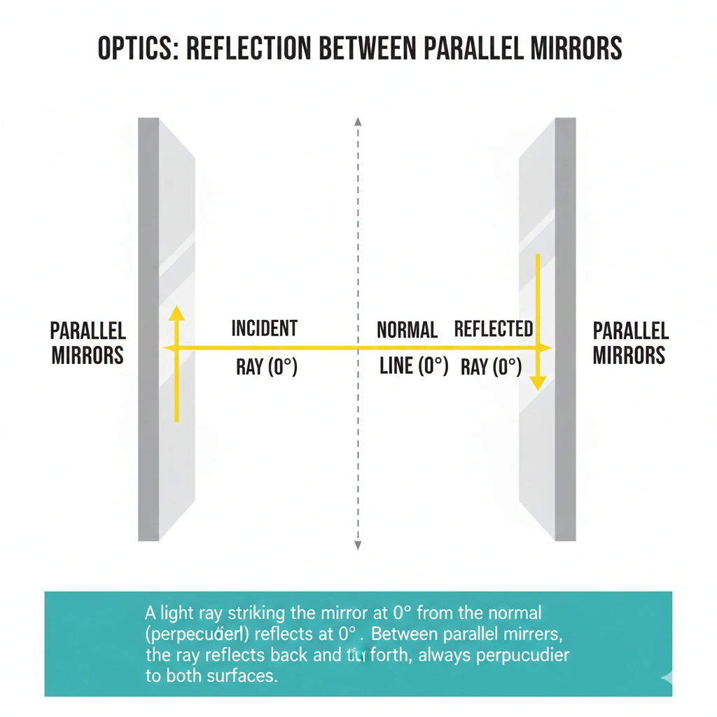 Two parallel mirrors are facing each other. If a light ray strikes one mirror at a 0? angle from the normal at what angle will it reflect from the other mirror?
