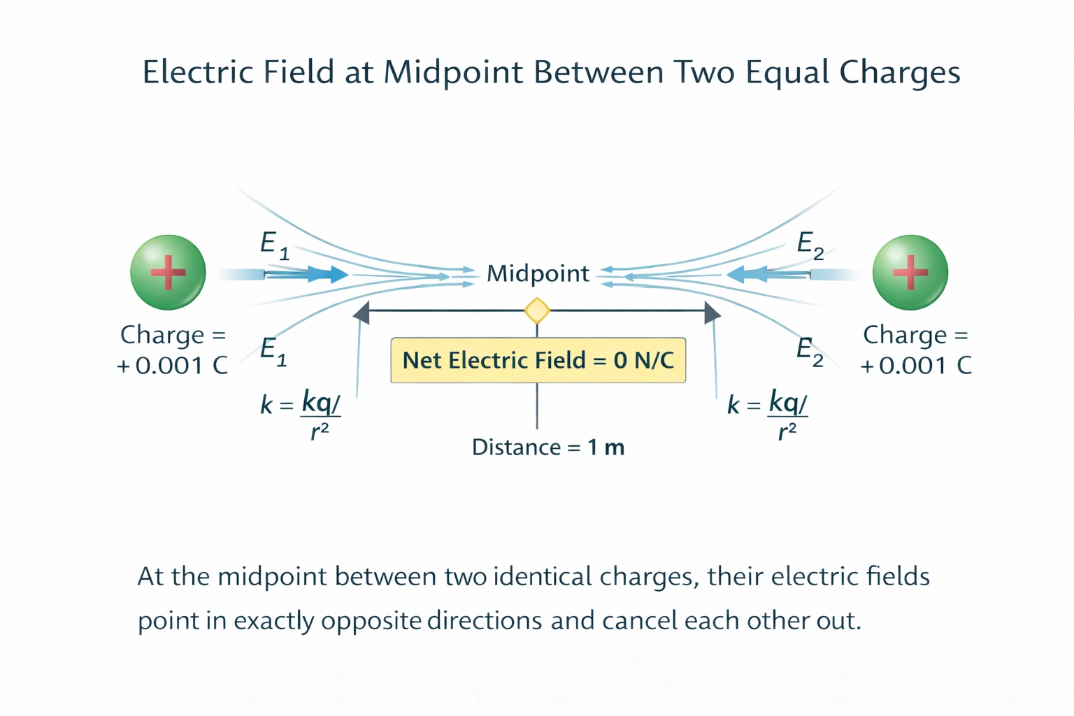 What is the electric field precisely halfway between two 0.001-coulomb charges spaced 1 meter apart? (Assume the electric constant is 9x10?? when using units of newtons, coulombs, and meters.)