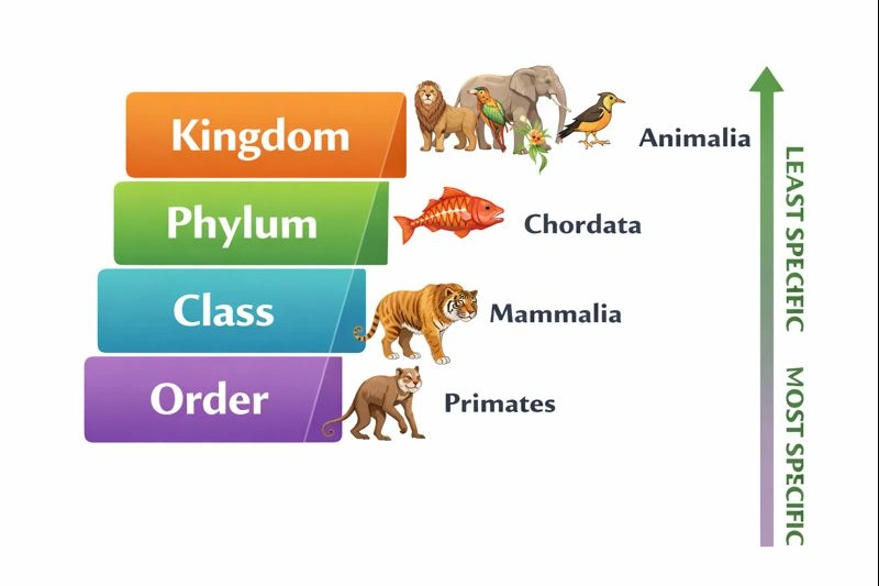 Which gives the order of four taxonomic categories from least to most specific?