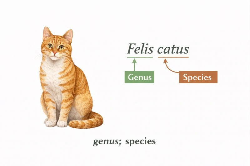 The scientific name Felis catus indicates the housecat's _______ and _______.