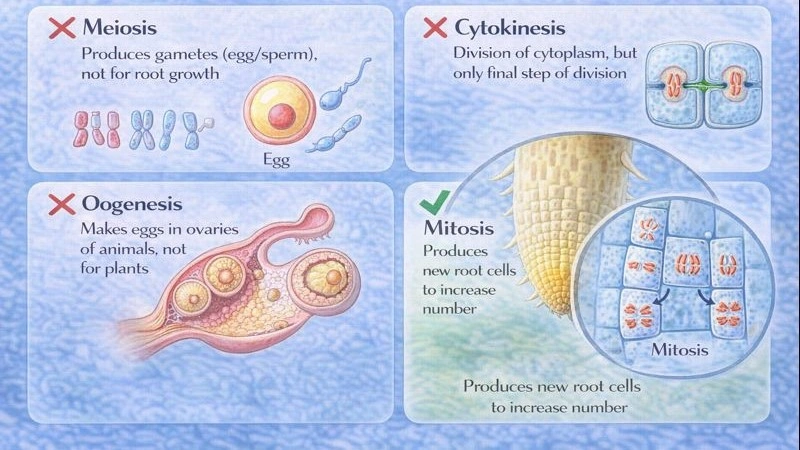 What process do cells in the tip of a plant's root undergo to increase in number?