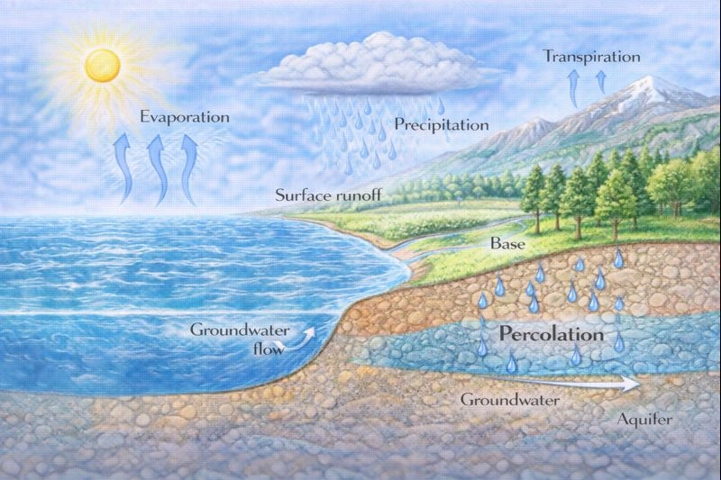 Where does percolation take place in the water cycle?