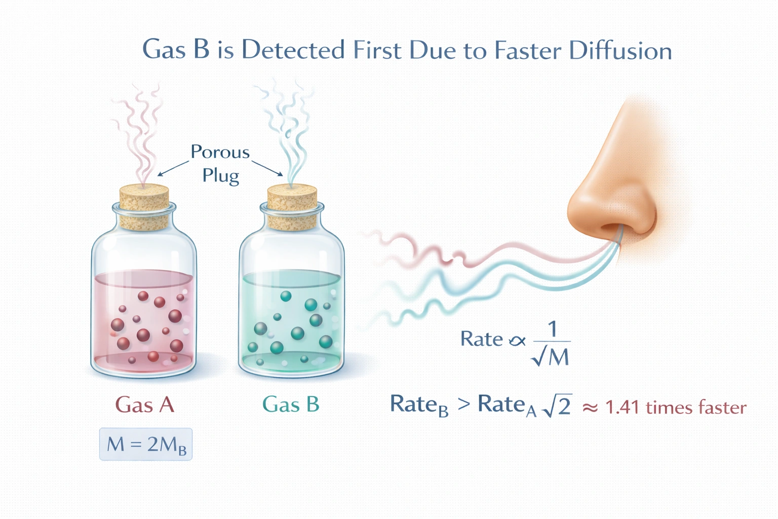 You contain two odorous gases in vials with porous plugs. Gas A has twice the mass of Gas B. Which observation is most likely?