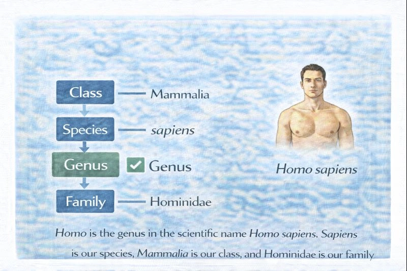 In Homo sapiens, what does Homo name?