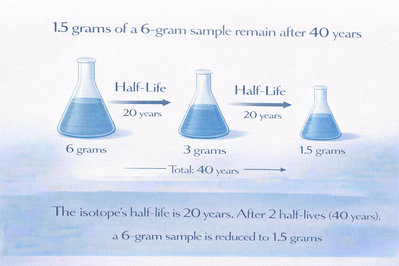 A radioactive isotope has a half-life of 20 years. How many grams of a 6-gram sample will remain after 40 years?