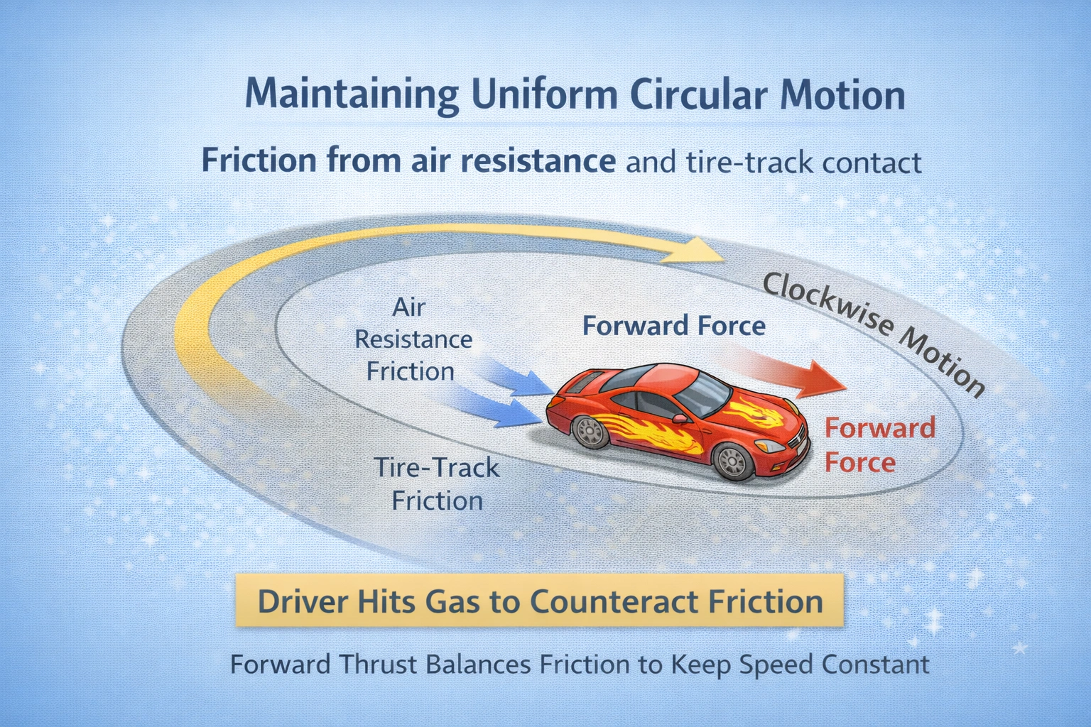 A racecar moving clockwise on a circular track is subject to friction from air resistance and contact between the tires and the track. If the driver is to maintain uniform circular motion what must he do?