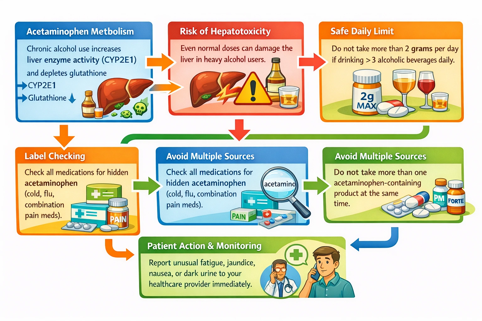 A client who reports routine consumption of more than 3 alcoholic beverages per day asks about taking acetaminophen when needed for occasional recurrent pain. What will the nurse tell the client?